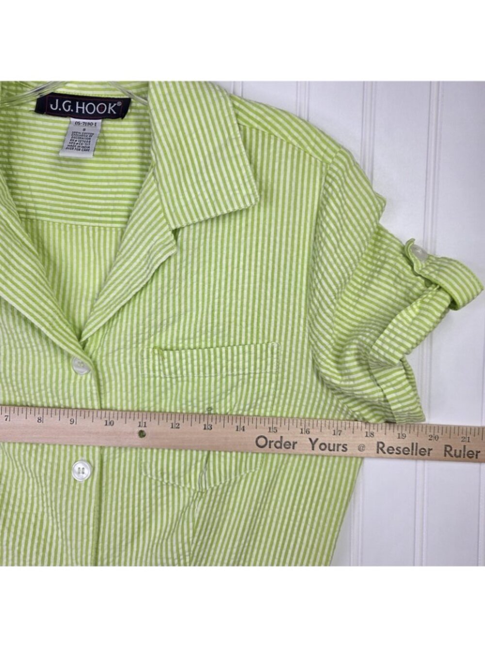 JG Hook Dress 8 Green Striped Seersucker Midi Button Up Nautical Coastal Casual - Picture 8 of 11